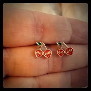 Cherries skull earrings silver red tiny cherry